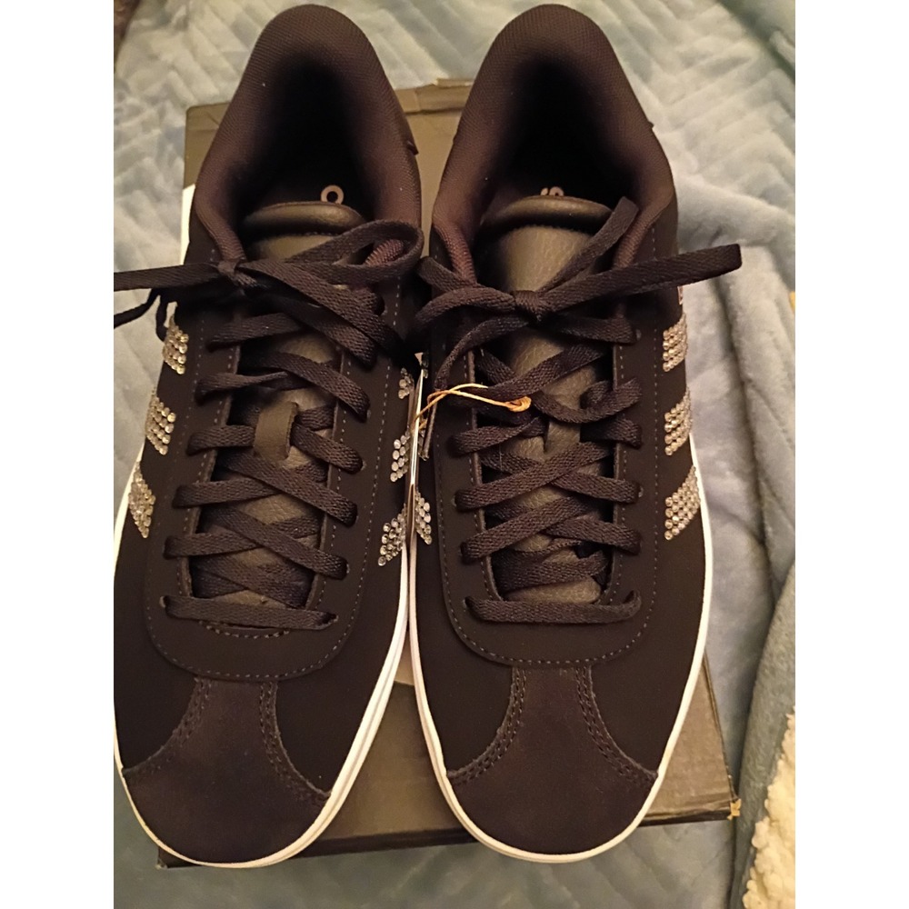 New With Tags Adidas Women's VL Size 6.5Court Bold Casual Black White Bling